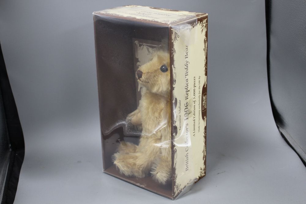 Four Steiff boxed limited edition teddy bears: a 1912 Replica, a 1906 Replica, Petsy 1927 and Snap-A-Part-Teddy bear 1908